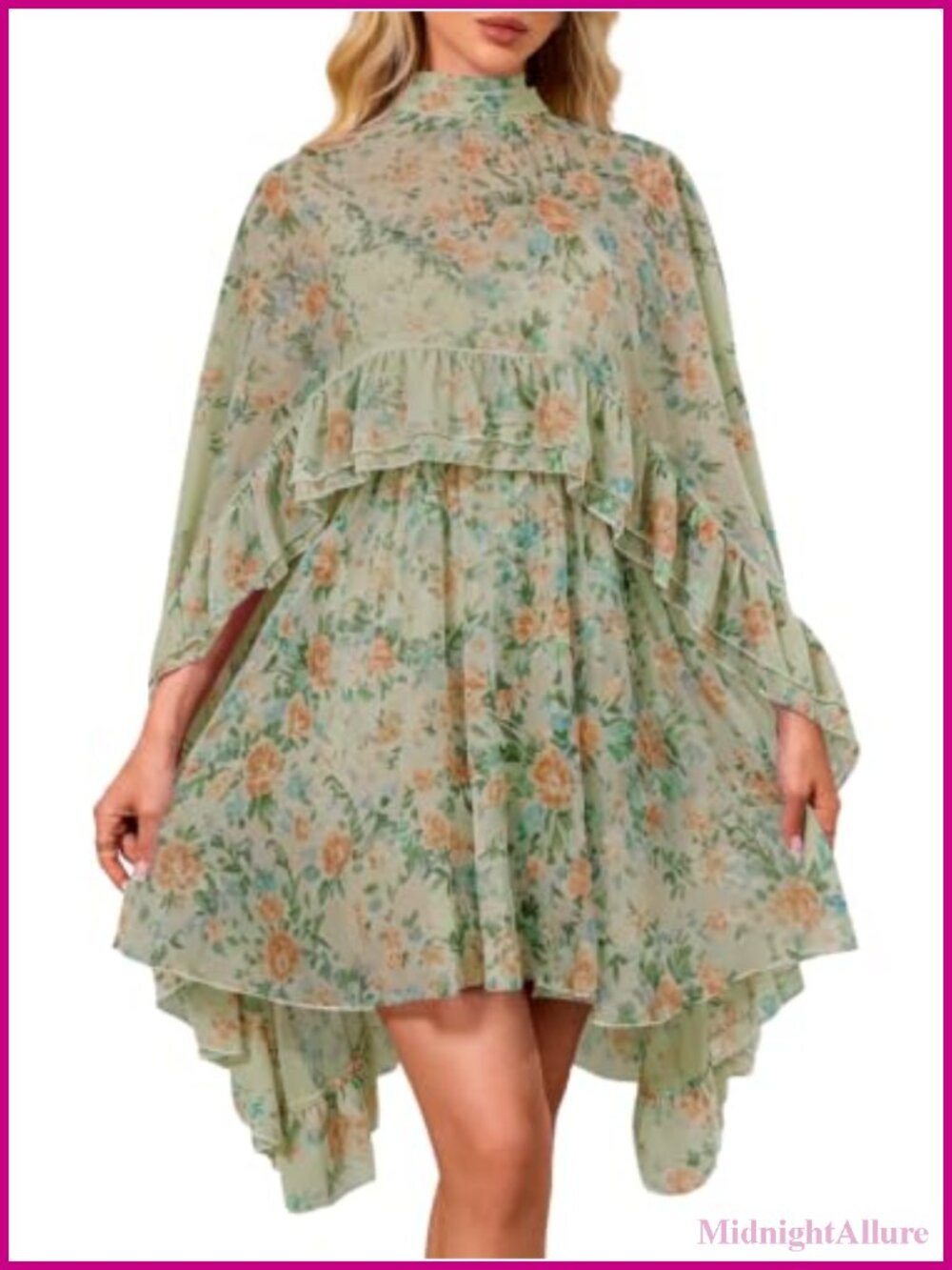 Chiffon Cape Ruffle Mini Dress Sheer Overlay A-Line Cocktail Party